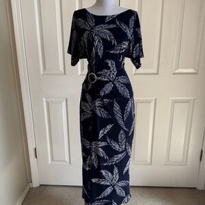 Robbie Bee Navy and White Leaf-Print Midi Dress